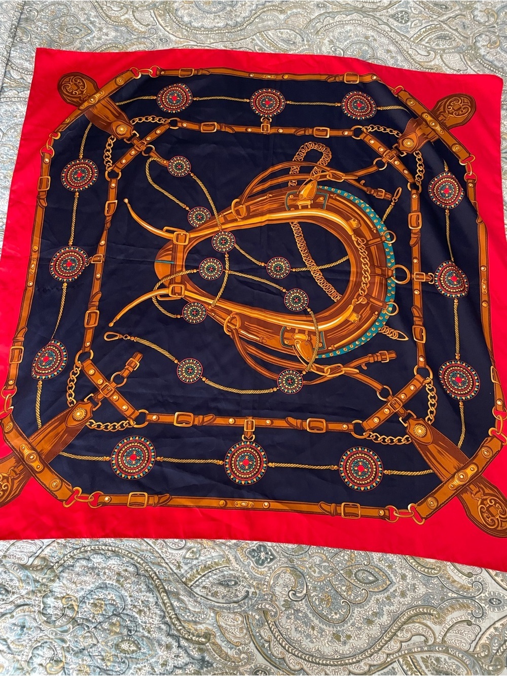 Vintage Symphony Italian Equestrian Horse Tack Square Scarf Red Navy Gold